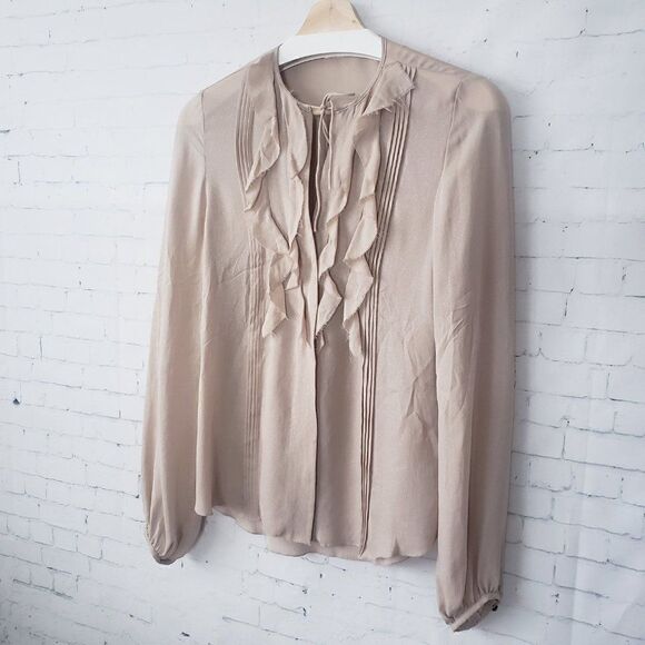 L'AGENCE 100% Silk Beige Ruffle Front Blouse Size 4 Shimmer Long Sleeve Pleats - Picture 3 of 11